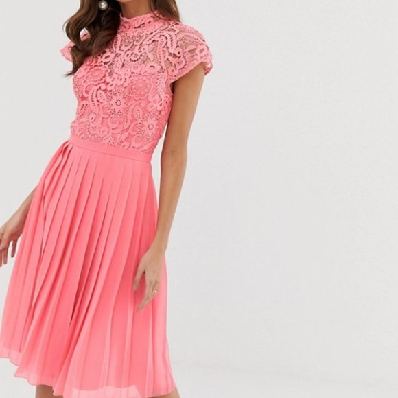 chi chi london lace top midi dress with pleated skirt in black